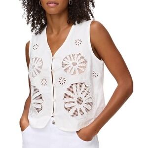 Aligne White Chloe Broderie Eyelet Embroidered Button Front Vest Top - 8